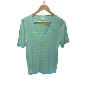 J.Crew Linen Blend Striped Sweater Top Sz M Green Yellow V-Neck Short Sleeve